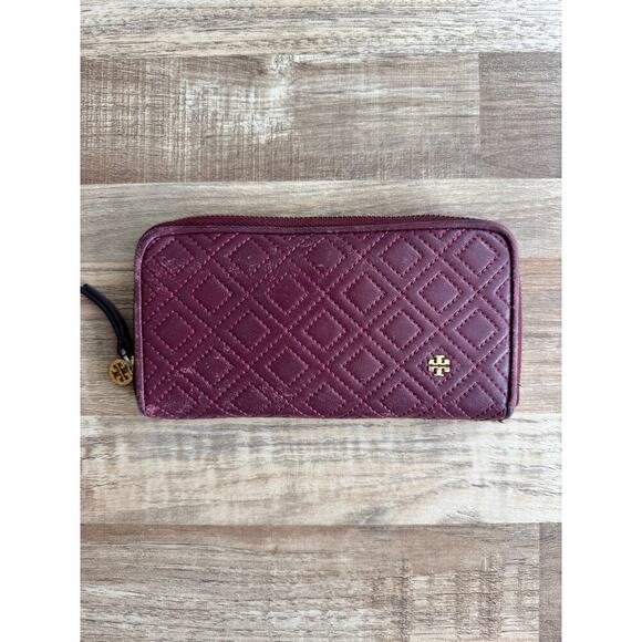 Women Designer Tory Burch Fleming Continental Zip Wallet Deep Berry Quiet Luxury - Picture 2 of 8